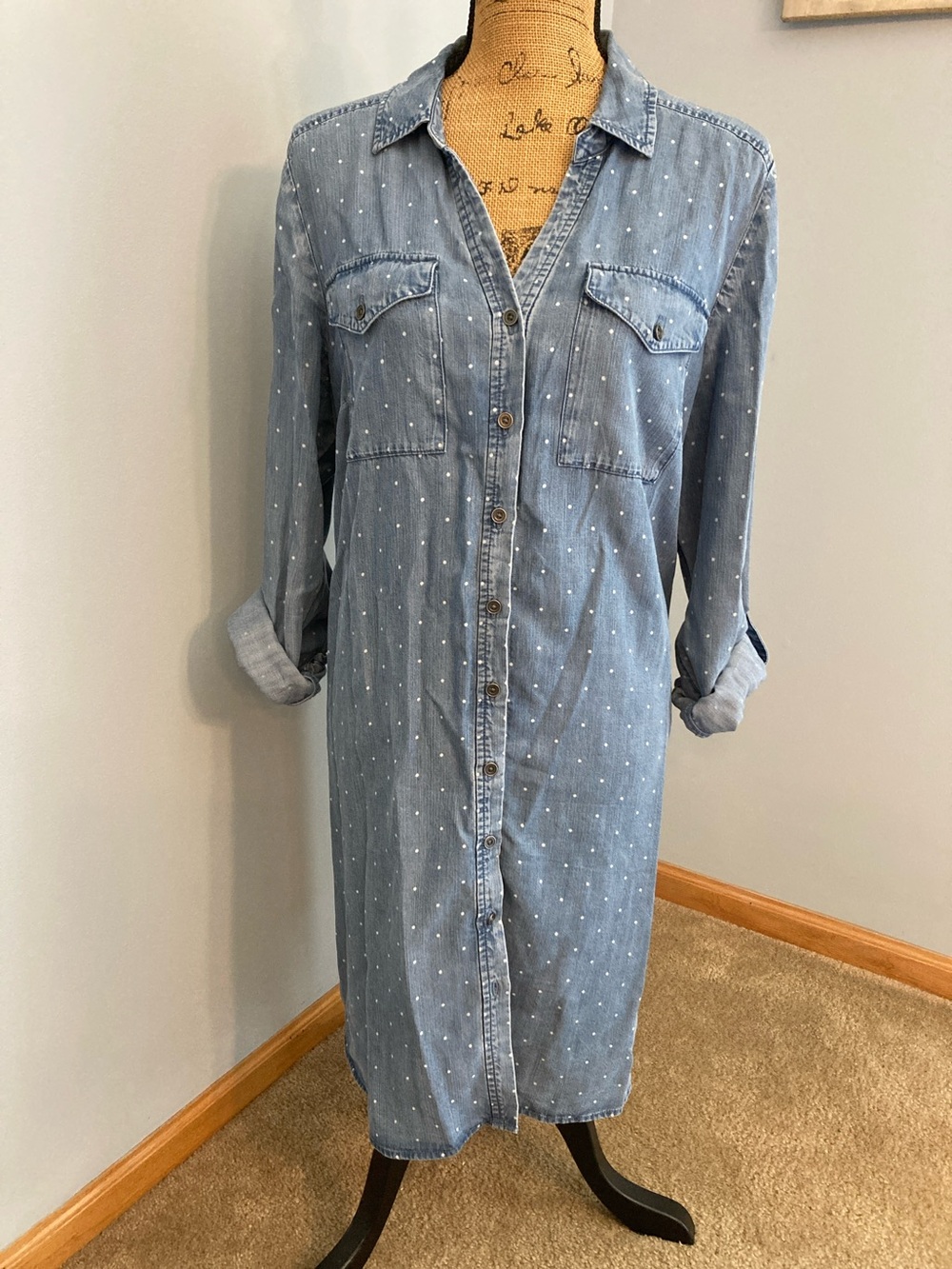 J.Jill Denim Light Blue Polka Dot Shirt Midi Dress Women Size L
